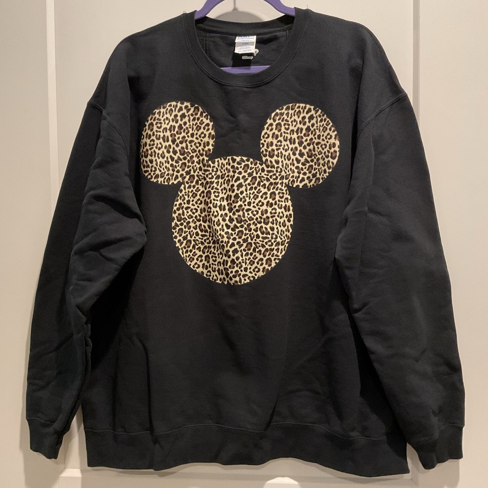 Black Sweatshirt with Leopard Print Mickey Mouse Design 2X XXL 2XL